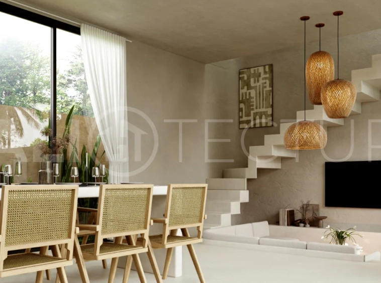 Fully furnished two bedroom villa in Cepaka, Tabanan, featuring three bathrooms, contemporary tropical design, private pool garden, pergola lounge, parking, and tranquil rice paddies surroundings.
