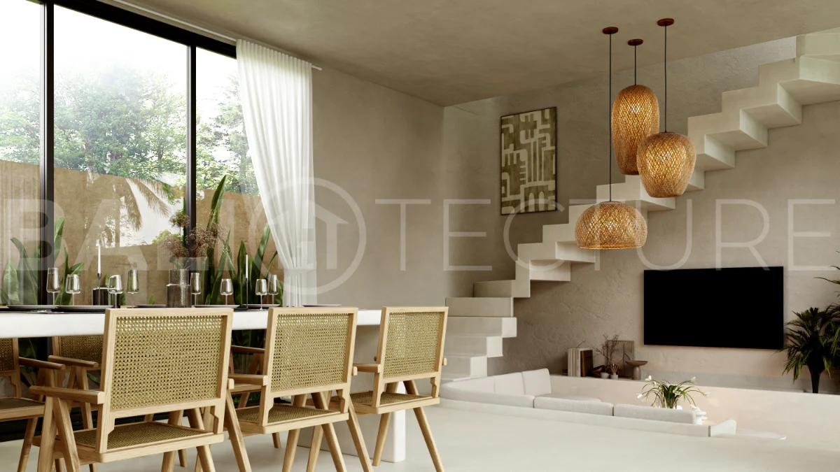 Fully furnished two bedroom villa in Cepaka, Tabanan, featuring three bathrooms, contemporary tropical design, private pool garden, pergola lounge, parking, and tranquil rice paddies surroundings.