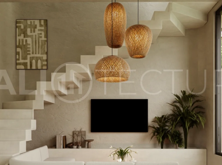 Fully furnished two bedroom villa in Cepaka, Tabanan, featuring three bathrooms, contemporary tropical design, private pool garden, pergola lounge, parking, and tranquil rice paddies surroundings.