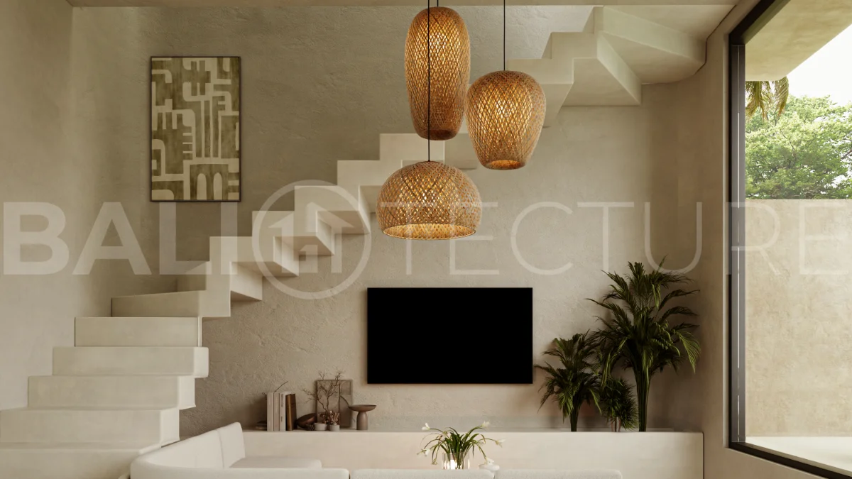 Fully furnished two bedroom villa in Cepaka, Tabanan, featuring three bathrooms, contemporary tropical design, private pool garden, pergola lounge, parking, and tranquil rice paddies surroundings.