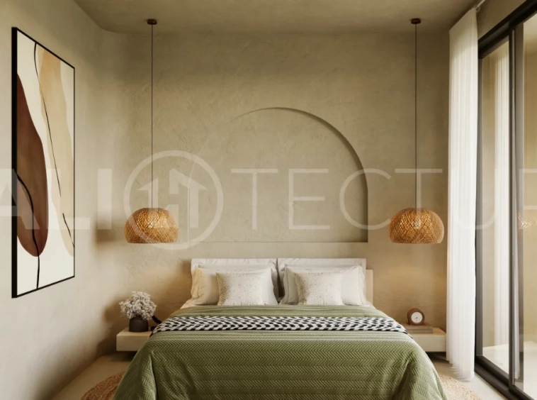 Fully furnished two bedroom villa in Cepaka, Tabanan, featuring three bathrooms, contemporary tropical design, private pool garden, pergola lounge, parking, and tranquil rice paddies surroundings.