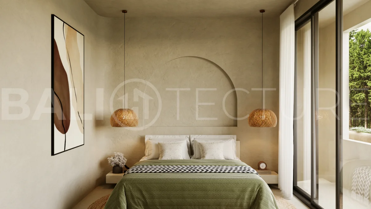 Fully furnished two bedroom villa in Cepaka, Tabanan, featuring three bathrooms, contemporary tropical design, private pool garden, pergola lounge, parking, and tranquil rice paddies surroundings.