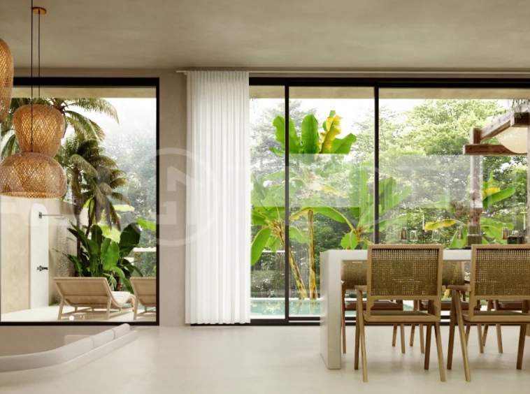 Fully furnished two bedroom villa in Cepaka, Tabanan, featuring three bathrooms, contemporary tropical design, private pool garden, pergola lounge, parking, and tranquil rice paddies surroundings.