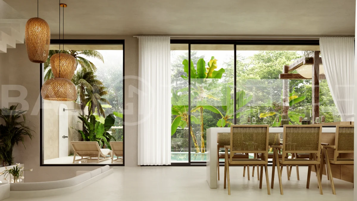 Fully furnished two bedroom villa in Cepaka, Tabanan, featuring three bathrooms, contemporary tropical design, private pool garden, pergola lounge, parking, and tranquil rice paddies surroundings.