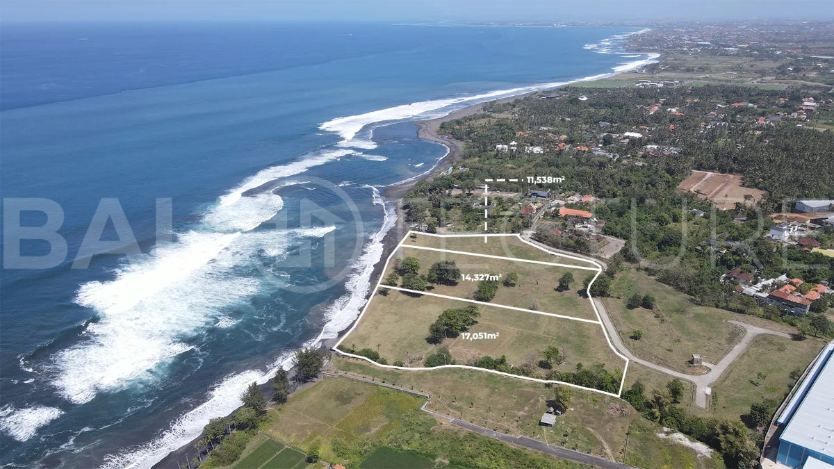 Expansive 42,916 m² freehold beachfront land for sale in Saba Beach, Bali, divided into three plots with direct access to the black-sand beach, surrounded by a tranquil undeveloped landscape in a Pink Zone tourism area.