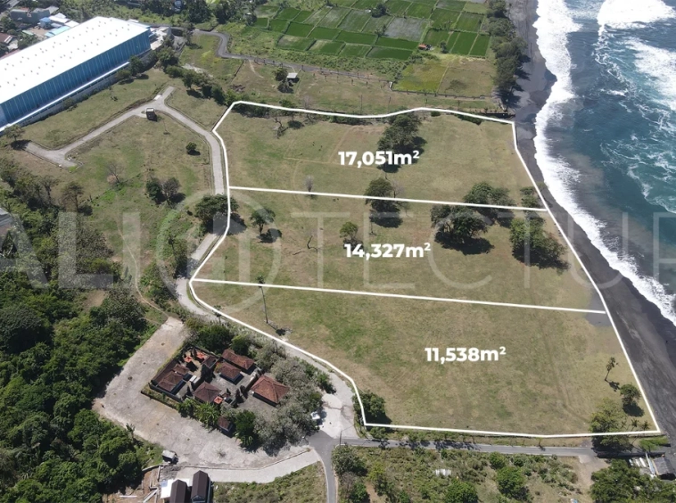 Expansive 42,916 m² freehold beachfront land for sale in Saba Beach, Bali, divided into three plots with direct access to the black-sand beach, surrounded by a tranquil undeveloped landscape in a Pink Zone tourism area.