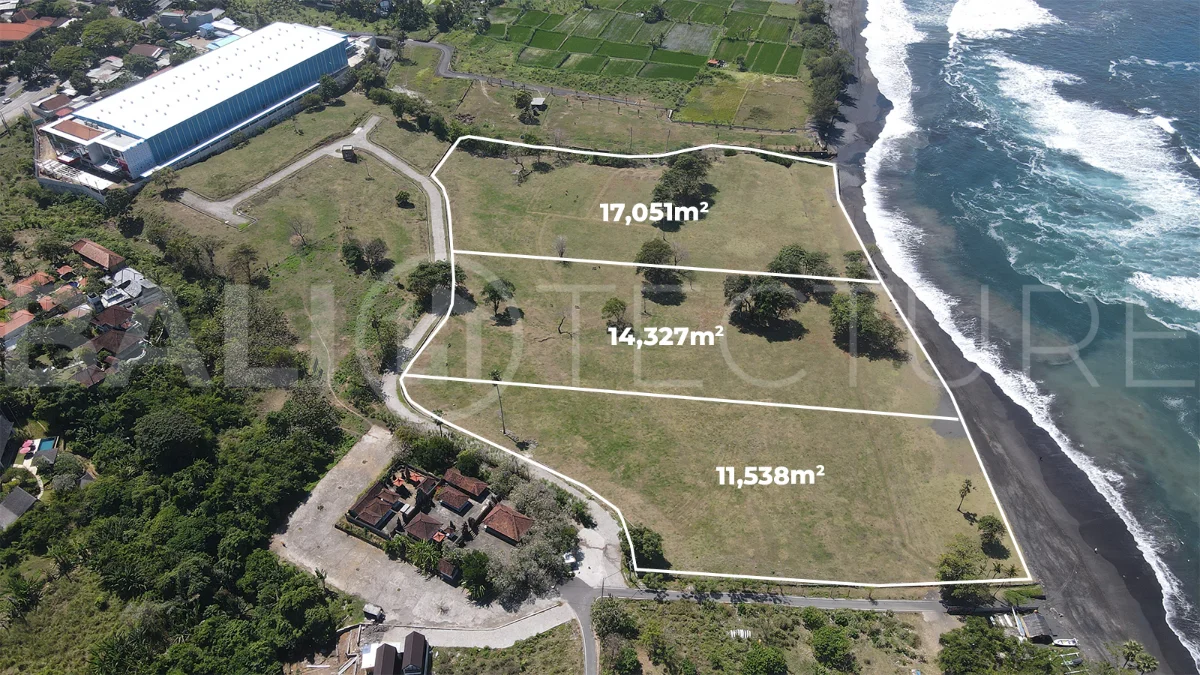 Expansive 42,916 m² freehold beachfront land for sale in Saba Beach, Bali, divided into three plots with direct access to the black-sand beach, surrounded by a tranquil undeveloped landscape in a Pink Zone tourism area.