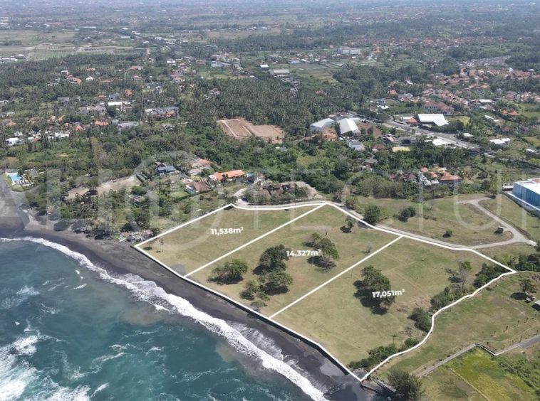 Expansive 42,916 m² freehold beachfront land for sale in Saba Beach, Bali, divided into three plots with direct access to the black-sand beach, surrounded by a tranquil undeveloped landscape in a Pink Zone tourism area.