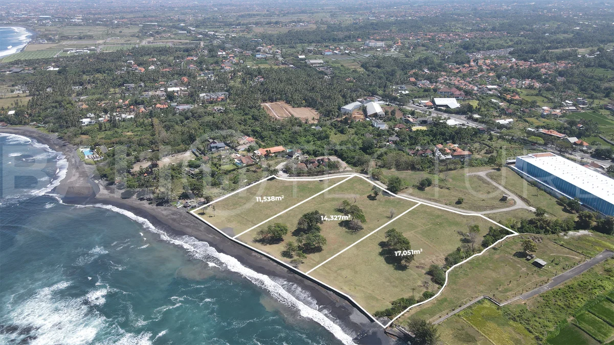 Expansive 42,916 m² freehold beachfront land for sale in Saba Beach, Bali, divided into three plots with direct access to the black-sand beach, surrounded by a tranquil undeveloped landscape in a Pink Zone tourism area.