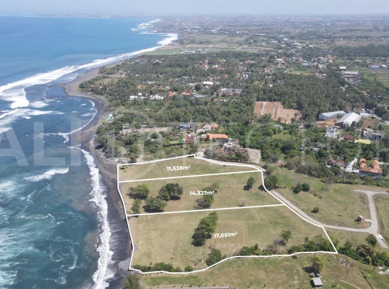 Expansive 42,916 m² freehold beachfront land for sale in Saba Beach, Bali, divided into three plots with direct access to the black-sand beach, surrounded by a tranquil undeveloped landscape in a Pink Zone tourism area.