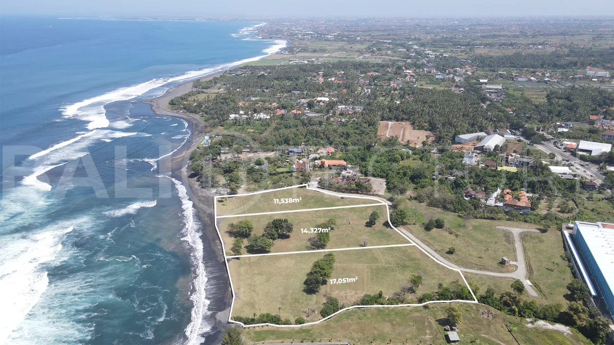 Expansive 42,916 m² freehold beachfront land for sale in Saba Beach, Bali, divided into three plots with direct access to the black-sand beach, surrounded by a tranquil undeveloped landscape in a Pink Zone tourism area.