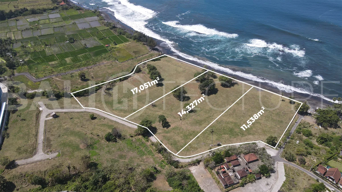 Expansive 42,916 m² freehold beachfront land for sale in Saba Beach, Bali, divided into three plots with direct access to the black-sand beach, surrounded by a tranquil undeveloped landscape in a Pink Zone tourism area.