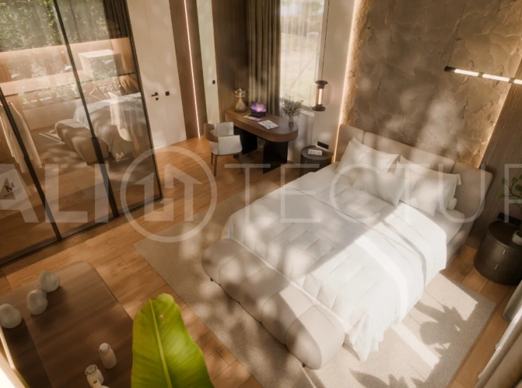 Two bedroom luxury off plan villa near Melasti Beach, Ungasan, featuring Japandi design, double height living room, private swimming pool, tropical garden atrium, ocean view rooftop terrace, and modern indoor outdoor living spaces.