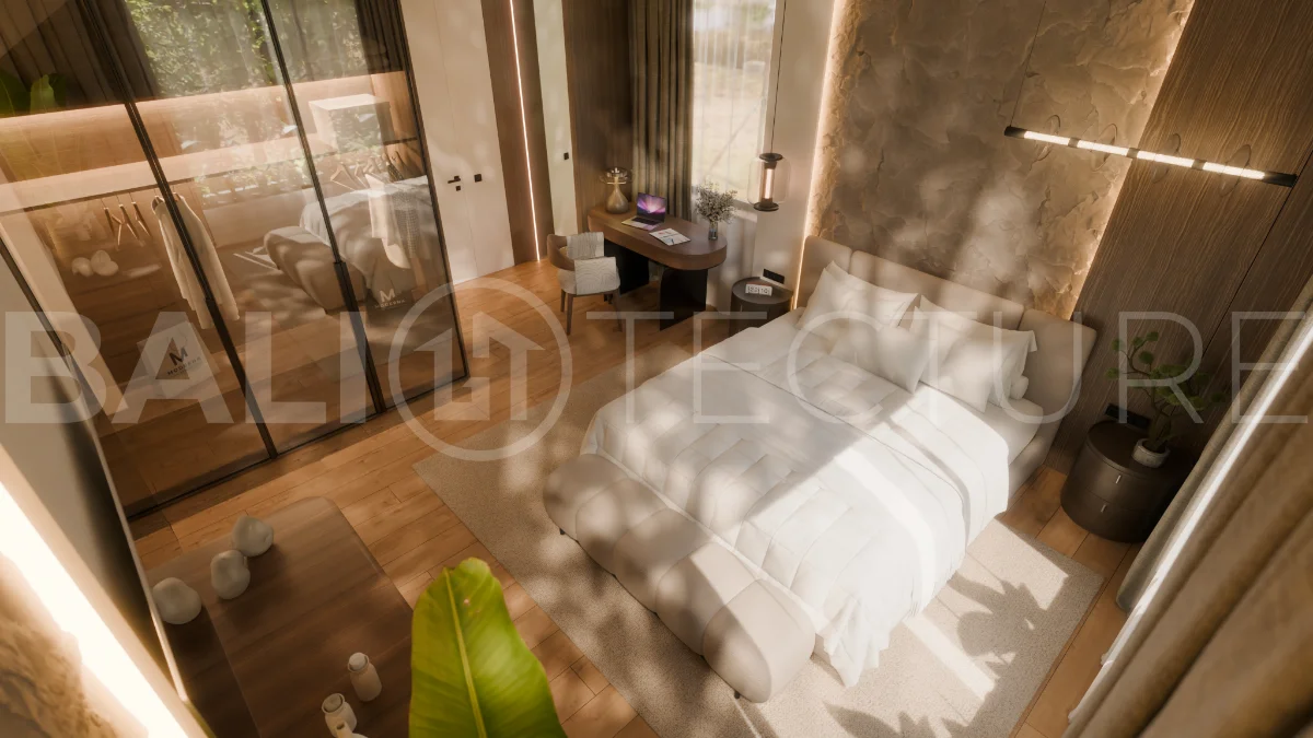 Two bedroom luxury off plan villa near Melasti Beach, Ungasan, featuring Japandi design, double height living room, private swimming pool, tropical garden atrium, ocean view rooftop terrace, and modern indoor outdoor living spaces.