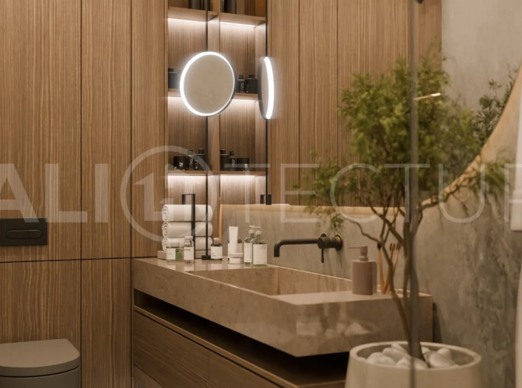 Two bedroom luxury off plan villa near Melasti Beach, Ungasan, featuring Japandi design, double height living room, private swimming pool, tropical garden atrium, ocean view rooftop terrace, and modern indoor outdoor living spaces.