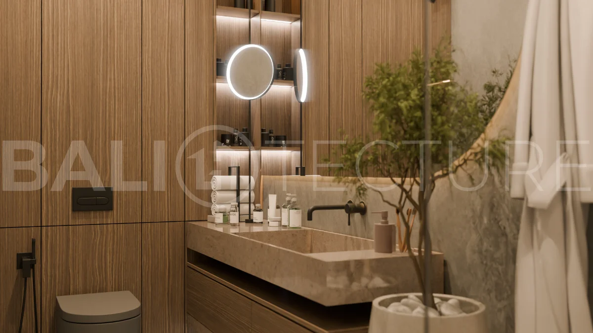 Two bedroom luxury off plan villa near Melasti Beach, Ungasan, featuring Japandi design, double height living room, private swimming pool, tropical garden atrium, ocean view rooftop terrace, and modern indoor outdoor living spaces.