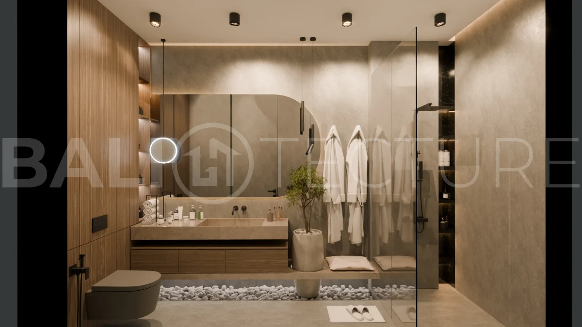 Two bedroom luxury off plan villa near Melasti Beach, Ungasan, featuring Japandi design, double height living room, private swimming pool, tropical garden atrium, ocean view rooftop terrace, and modern indoor outdoor living spaces.