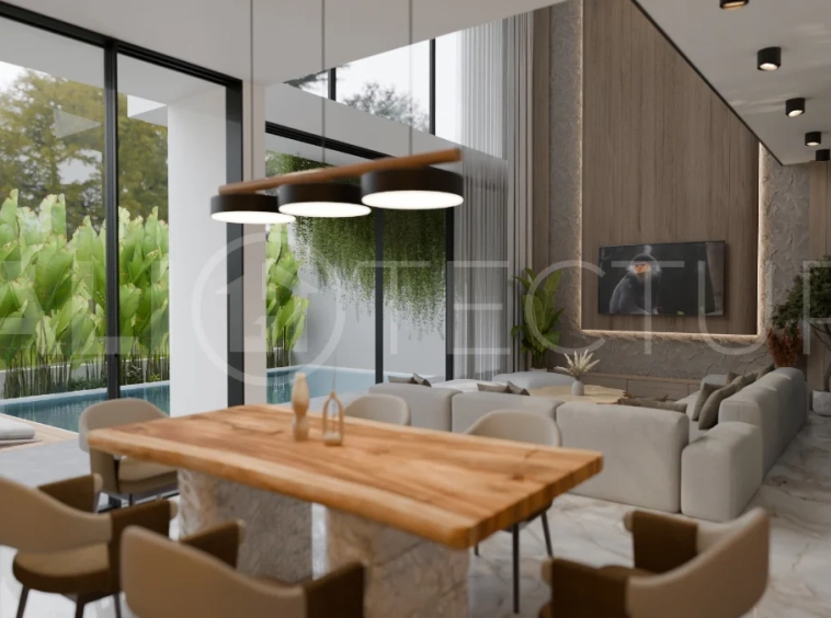 Two bedroom luxury off plan villa near Melasti Beach, Ungasan, featuring Japandi design, double height living room, private swimming pool, tropical garden atrium, ocean view rooftop terrace, and modern indoor outdoor living spaces.