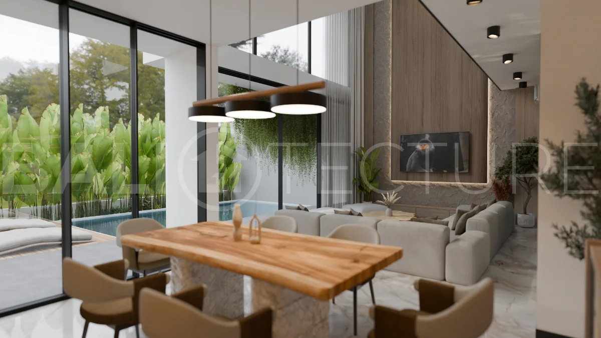 Two bedroom luxury off plan villa near Melasti Beach, Ungasan, featuring Japandi design, double height living room, private swimming pool, tropical garden atrium, ocean view rooftop terrace, and modern indoor outdoor living spaces.