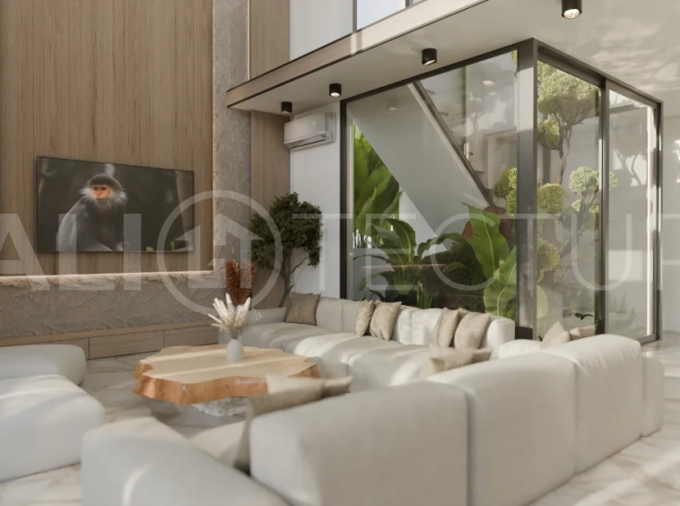 Two bedroom luxury off plan villa near Melasti Beach, Ungasan, featuring Japandi design, double height living room, private swimming pool, tropical garden atrium, ocean view rooftop terrace, and modern indoor outdoor living spaces.