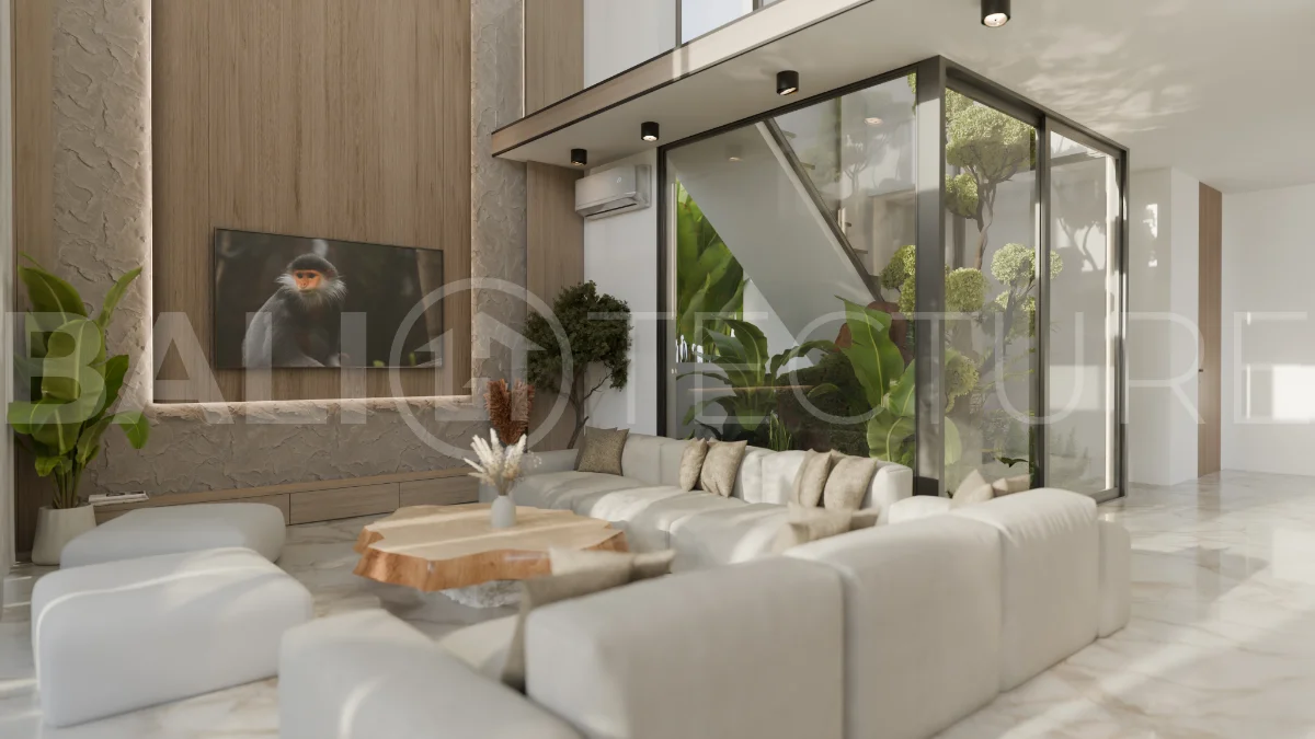 Two bedroom luxury off plan villa near Melasti Beach, Ungasan, featuring Japandi design, double height living room, private swimming pool, tropical garden atrium, ocean view rooftop terrace, and modern indoor outdoor living spaces.