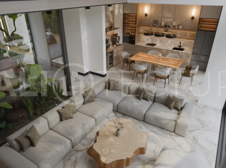 Two bedroom luxury off plan villa near Melasti Beach, Ungasan, featuring Japandi design, double height living room, private swimming pool, tropical garden atrium, ocean view rooftop terrace, and modern indoor outdoor living spaces.