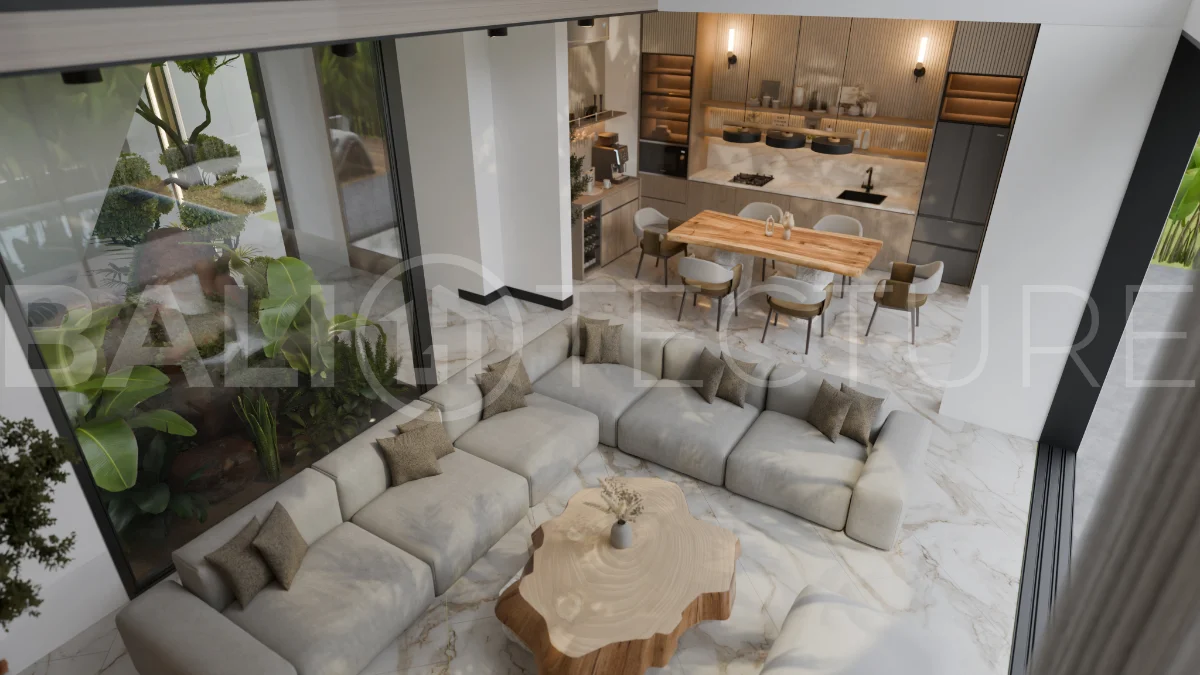Two bedroom luxury off plan villa near Melasti Beach, Ungasan, featuring Japandi design, double height living room, private swimming pool, tropical garden atrium, ocean view rooftop terrace, and modern indoor outdoor living spaces.