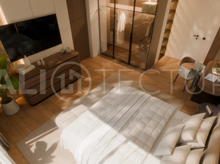 Two bedroom luxury off plan villa near Melasti Beach, Ungasan, featuring Japandi design, double height living room, private swimming pool, tropical garden atrium, ocean view rooftop terrace, and modern indoor outdoor living spaces.