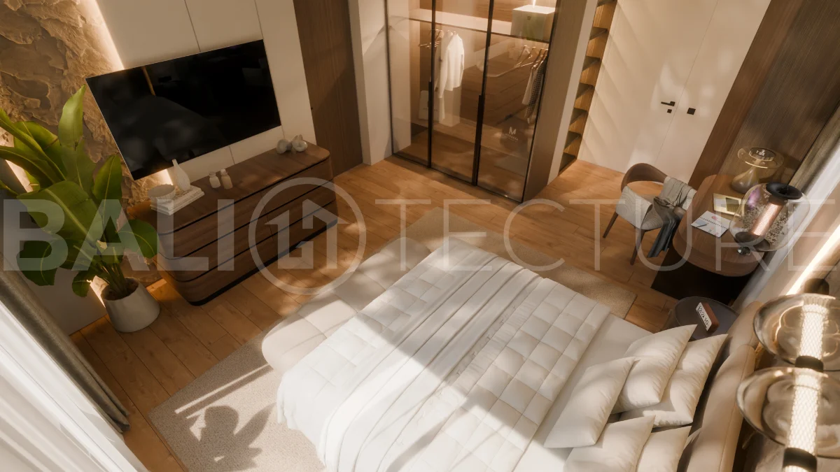 Two bedroom luxury off plan villa near Melasti Beach, Ungasan, featuring Japandi design, double height living room, private swimming pool, tropical garden atrium, ocean view rooftop terrace, and modern indoor outdoor living spaces.