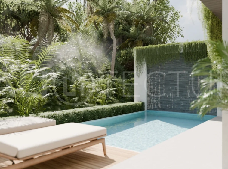 Two bedroom luxury off plan villa near Melasti Beach, Ungasan, featuring Japandi design, double height living room, private swimming pool, tropical garden atrium, ocean view rooftop terrace, and modern indoor outdoor living spaces.