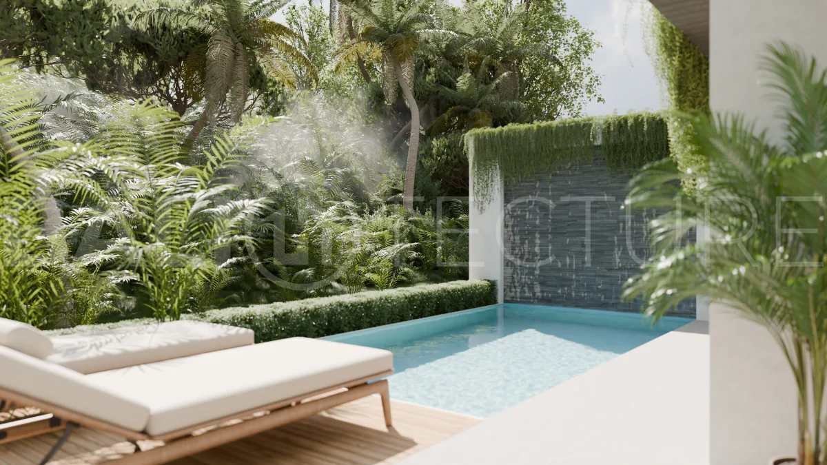 Two bedroom luxury off plan villa near Melasti Beach, Ungasan, featuring Japandi design, double height living room, private swimming pool, tropical garden atrium, ocean view rooftop terrace, and modern indoor outdoor living spaces.