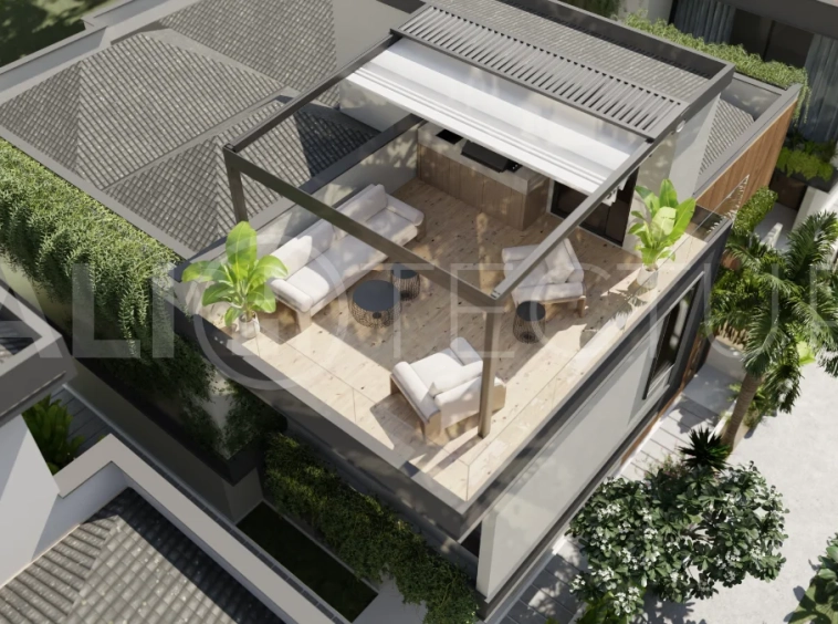 Two bedroom luxury off plan villa near Melasti Beach, Ungasan, featuring Japandi design, double height living room, private swimming pool, tropical garden atrium, ocean view rooftop terrace, and modern indoor outdoor living spaces.
