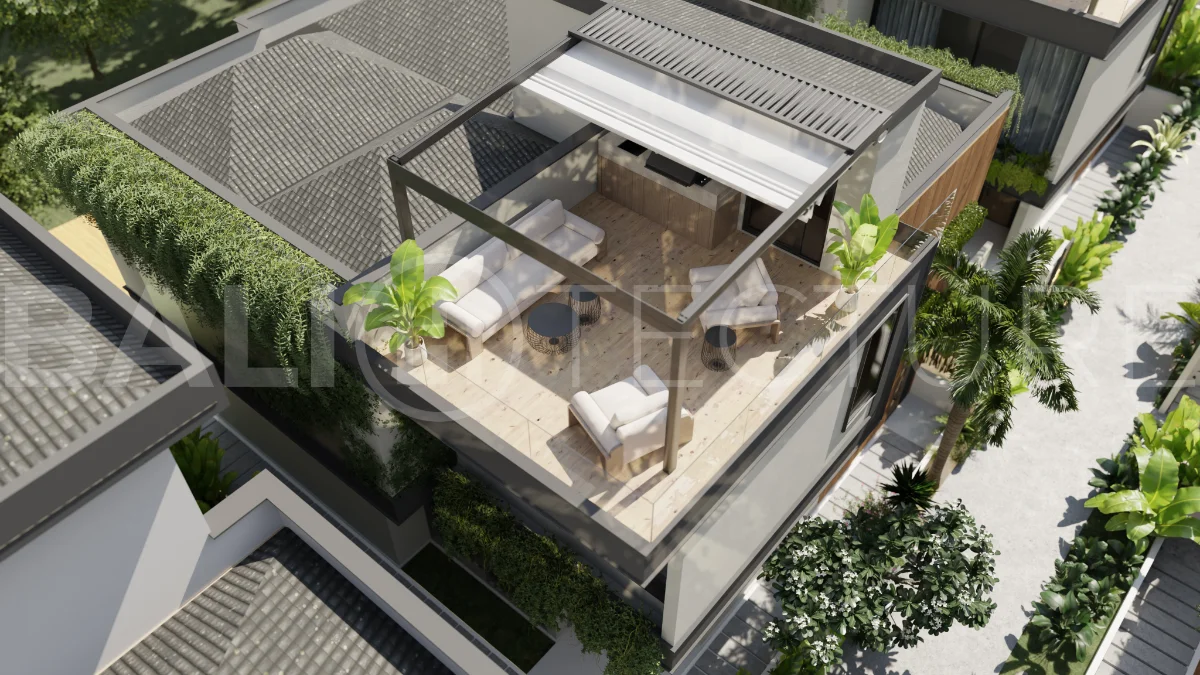 Two bedroom luxury off plan villa near Melasti Beach, Ungasan, featuring Japandi design, double height living room, private swimming pool, tropical garden atrium, ocean view rooftop terrace, and modern indoor outdoor living spaces.