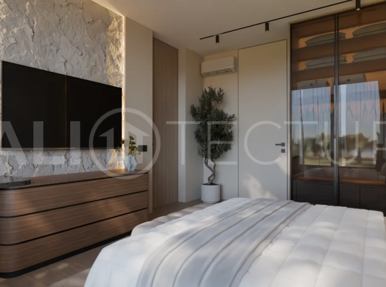 Two bedroom luxury off plan villa near Melasti Beach, Ungasan, featuring Japandi design, double height living room, private swimming pool, tropical garden atrium, ocean view rooftop terrace, and modern indoor outdoor living spaces.