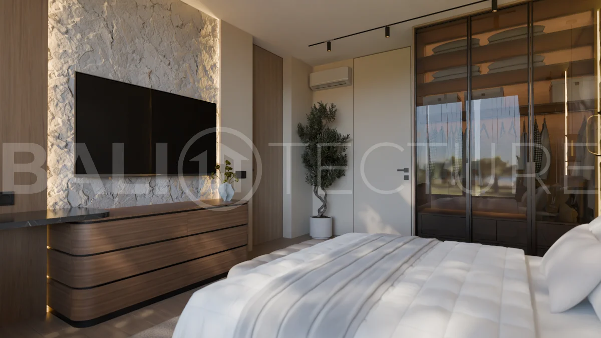Two bedroom luxury off plan villa near Melasti Beach, Ungasan, featuring Japandi design, double height living room, private swimming pool, tropical garden atrium, ocean view rooftop terrace, and modern indoor outdoor living spaces.