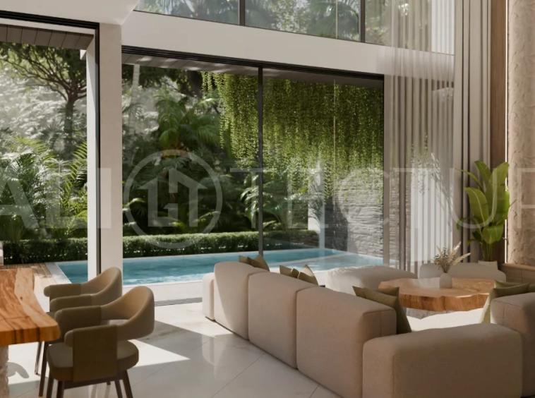 Two bedroom luxury off plan villa near Melasti Beach, Ungasan, featuring Japandi design, double height living room, private swimming pool, tropical garden atrium, ocean view rooftop terrace, and modern indoor outdoor living spaces.