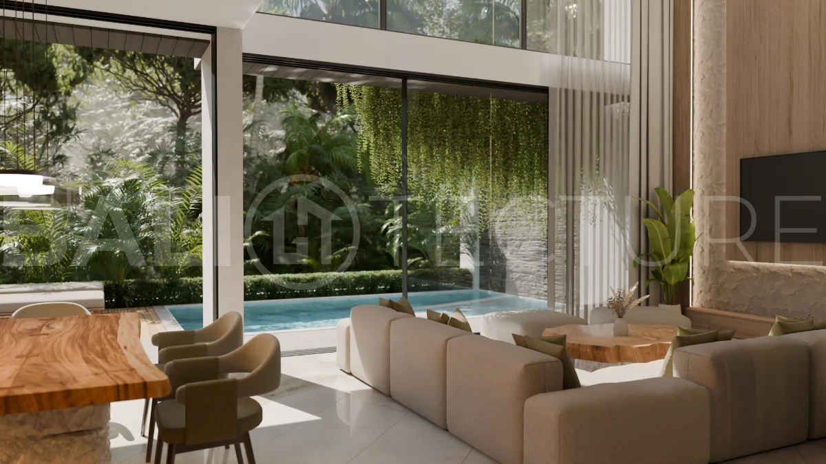 Two bedroom luxury off plan villa near Melasti Beach, Ungasan, featuring Japandi design, double height living room, private swimming pool, tropical garden atrium, ocean view rooftop terrace, and modern indoor outdoor living spaces.