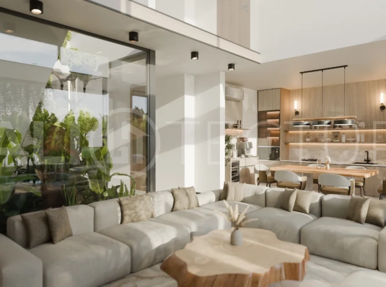 Two bedroom luxury off plan villa near Melasti Beach, Ungasan, featuring Japandi design, double height living room, private swimming pool, tropical garden atrium, ocean view rooftop terrace, and modern indoor outdoor living spaces.
