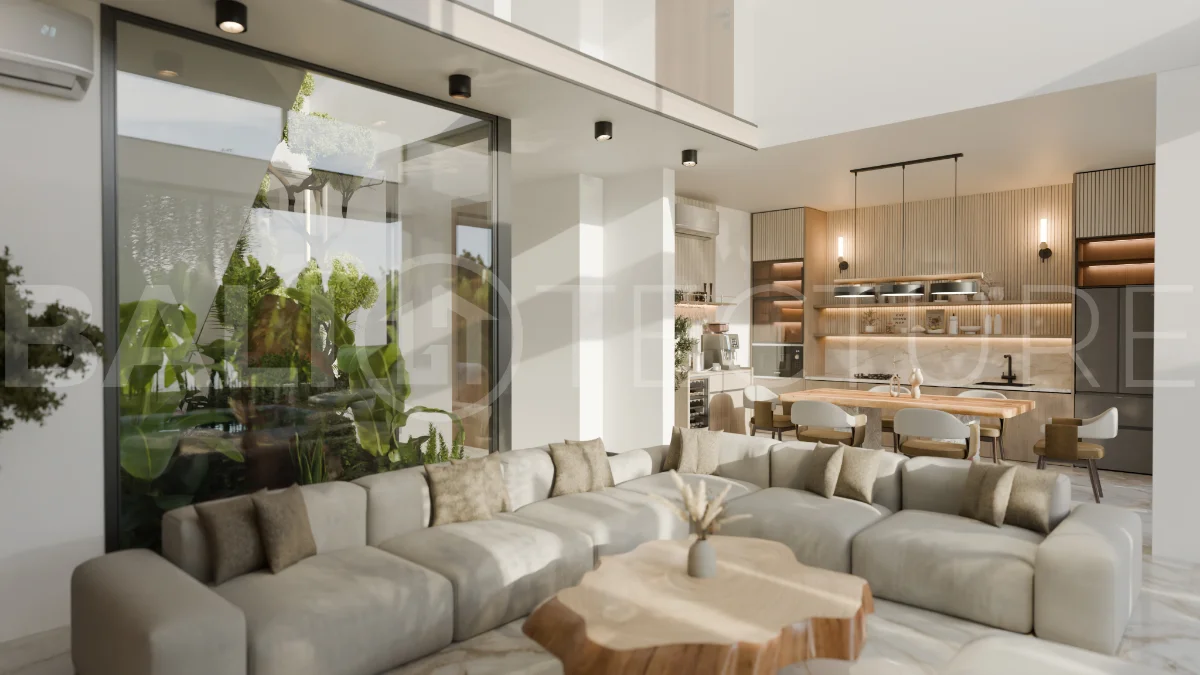 Two bedroom luxury off plan villa near Melasti Beach, Ungasan, featuring Japandi design, double height living room, private swimming pool, tropical garden atrium, ocean view rooftop terrace, and modern indoor outdoor living spaces.