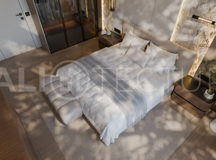 Two bedroom luxury off plan villa near Melasti Beach, Ungasan, featuring Japandi design, double height living room, private swimming pool, tropical garden atrium, ocean view rooftop terrace, and modern indoor outdoor living spaces.