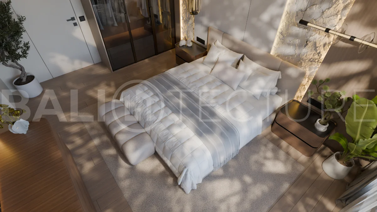 Two bedroom luxury off plan villa near Melasti Beach, Ungasan, featuring Japandi design, double height living room, private swimming pool, tropical garden atrium, ocean view rooftop terrace, and modern indoor outdoor living spaces.