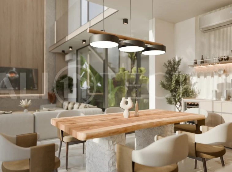 Two bedroom luxury off plan villa near Melasti Beach, Ungasan, featuring Japandi design, double height living room, private swimming pool, tropical garden atrium, ocean view rooftop terrace, and modern indoor outdoor living spaces.
