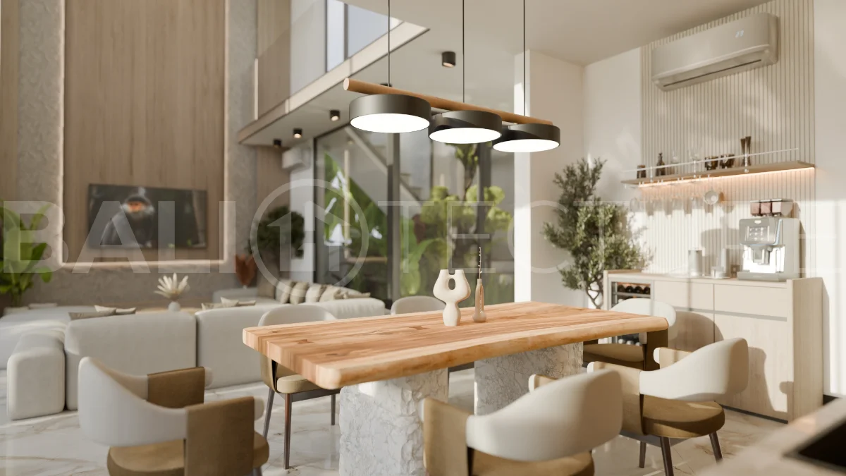 Two bedroom luxury off plan villa near Melasti Beach, Ungasan, featuring Japandi design, double height living room, private swimming pool, tropical garden atrium, ocean view rooftop terrace, and modern indoor outdoor living spaces.