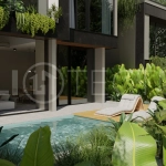 Two bedroom luxury off plan villa near Melasti Beach, Ungasan, featuring Japandi design, double height living room, private swimming pool, tropical garden atrium, ocean view rooftop terrace, and modern indoor outdoor living spaces.