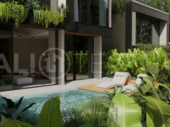 Two bedroom luxury off plan villa near Melasti Beach, Ungasan, featuring Japandi design, double height living room, private swimming pool, tropical garden atrium, ocean view rooftop terrace, and modern indoor outdoor living spaces.