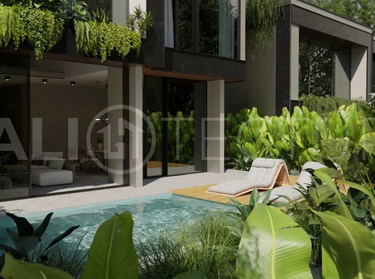 Two bedroom luxury off plan villa near Melasti Beach, Ungasan, featuring Japandi design, double height living room, private swimming pool, tropical garden atrium, ocean view rooftop terrace, and modern indoor outdoor living spaces.