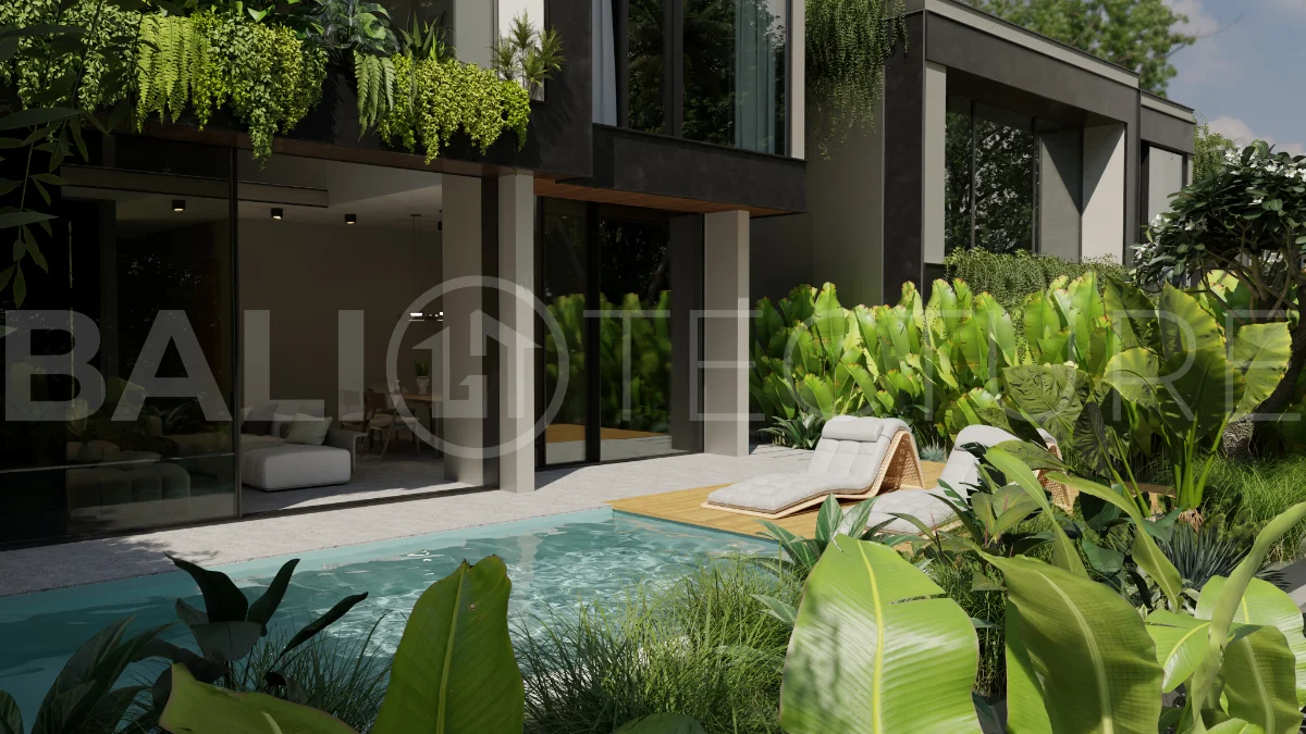 Two bedroom luxury off plan villa near Melasti Beach, Ungasan, featuring Japandi design, double height living room, private swimming pool, tropical garden atrium, ocean view rooftop terrace, and modern indoor outdoor living spaces.