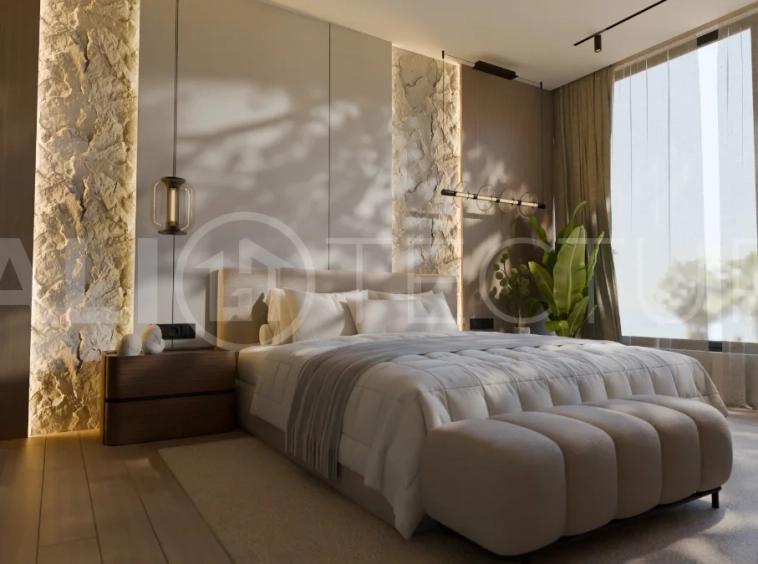 Two bedroom luxury off plan villa near Melasti Beach, Ungasan, featuring Japandi design, double height living room, private swimming pool, tropical garden atrium, ocean view rooftop terrace, and modern indoor outdoor living spaces.