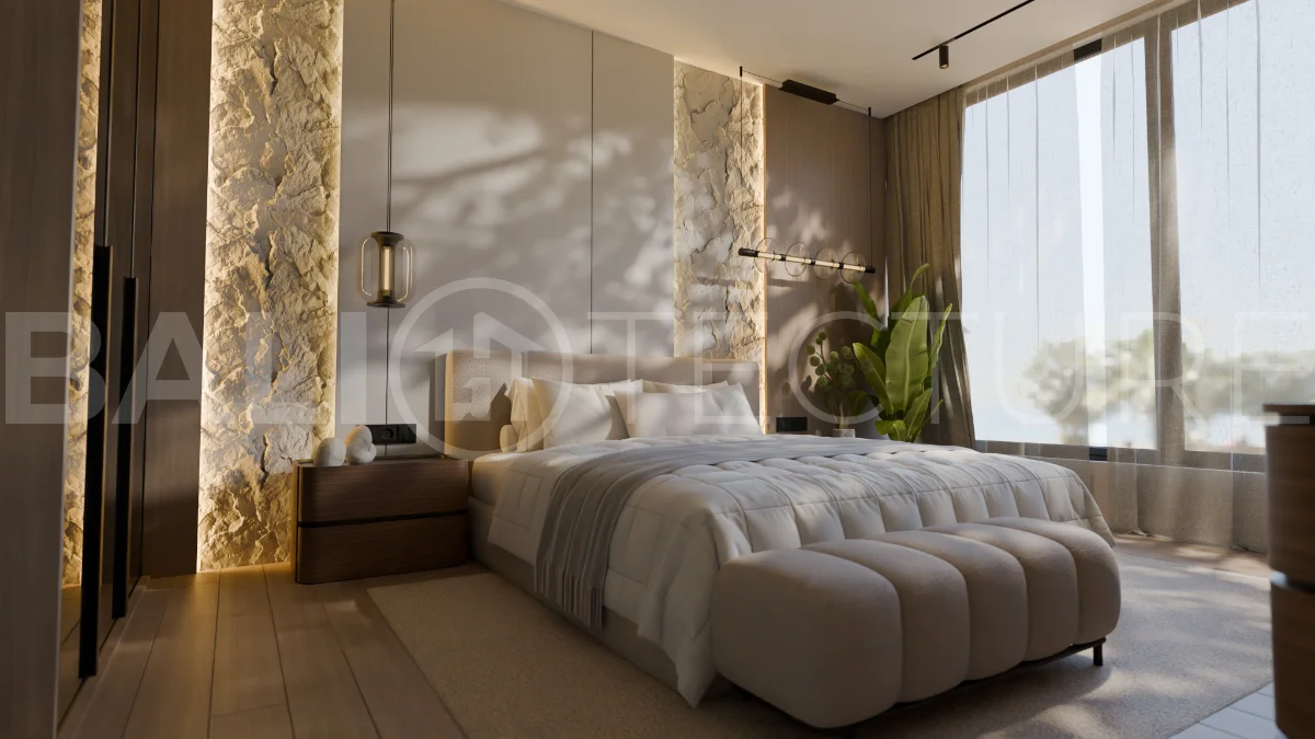 Two bedroom luxury off plan villa near Melasti Beach, Ungasan, featuring Japandi design, double height living room, private swimming pool, tropical garden atrium, ocean view rooftop terrace, and modern indoor outdoor living spaces.