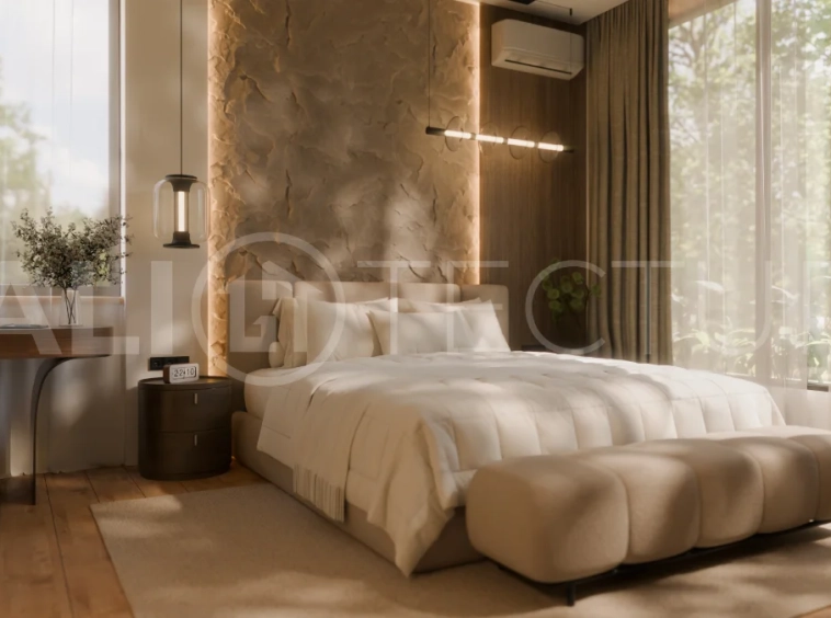 Two bedroom luxury off plan villa near Melasti Beach, Ungasan, featuring Japandi design, double height living room, private swimming pool, tropical garden atrium, ocean view rooftop terrace, and modern indoor outdoor living spaces.